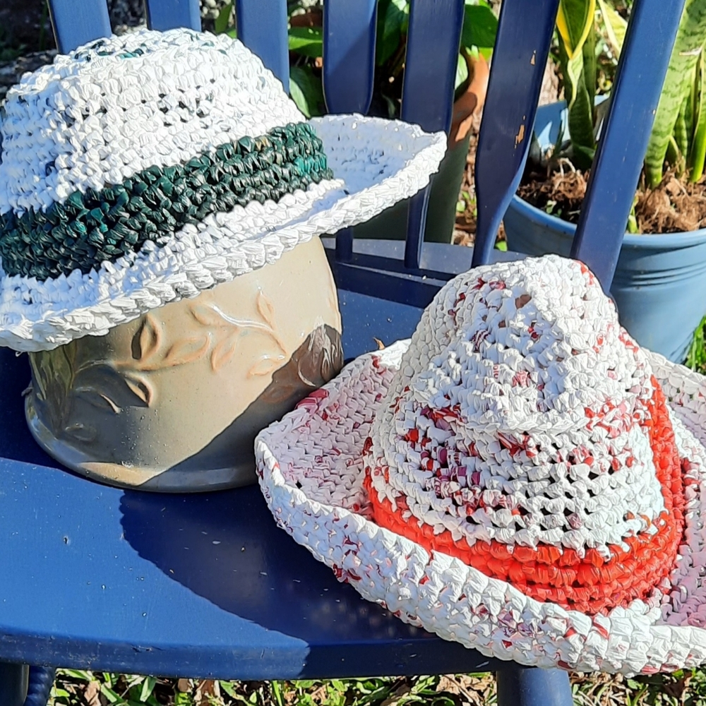Fedora style hats repurposed plastic bags